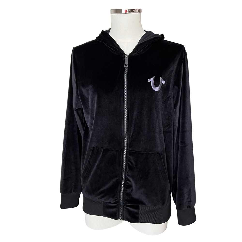 True Religion Mens Black Velour Zip Up Hoodie Horseshoe Velvet Logo‎ Black NWOT